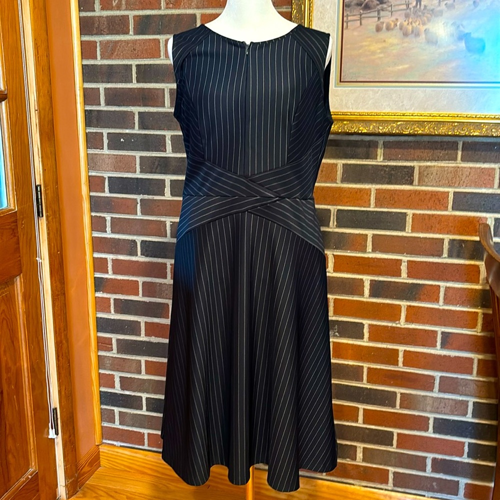 Vfshow dress Navy Blue white pin stripes. With horizontal lines at waist